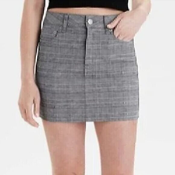 AMERICAN EAGLE Super Stretch Hi-Rise Mini Skirt Gray Black Plaid High Waisted 00 - Picture 1 of 12